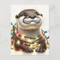 Adorable Christmas Otter With Lights Postcard