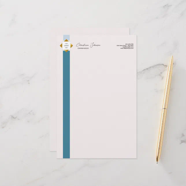 Trendy Teal Stripes Gold Logo Stationery