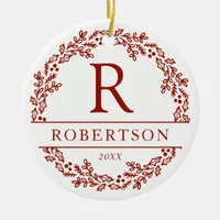 Christmas Wreath Family Monogram Photo Ceramic Ornament