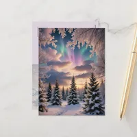 Snowy winter forest, ice crystals, northern lights postcard