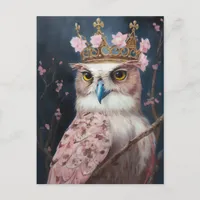 Painting of an owl with a crown and pink florals postcard