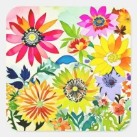 Watercolor Flowers in Pink and Yellow Square Sticker