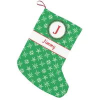 Wreath Monogram Your Name Green & White Snowflakes Small Christmas Stocking