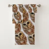 Cute Little Northern Saw Whet Owls Bath Towel Set