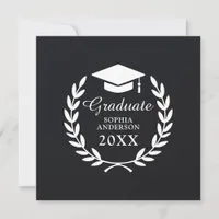 Black Sleek Graduation Laurel Wreath School Emblem Thank You Card