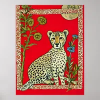 Cheetah on a Red Background With Flowers Poster