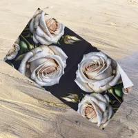 Gorgeous white roses with golden details beach towel