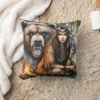 Native American Woman Sitting With Bear at River Throw Pillow