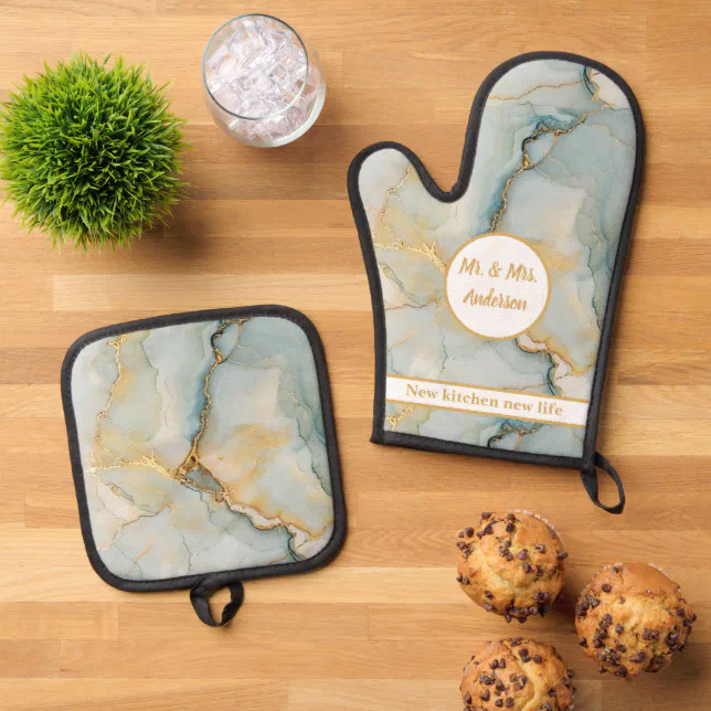 Beautiful Marble Blue And Gold Modern Couples Oven Mitt & Pot Holder Set