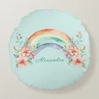 Pretty Watercolor Flowers and Rainbow Round Pillow