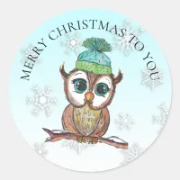 Christmas Owl sitting on Branch Holiday Classic Round Sticker