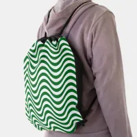 Green & White Wavy Stripes Psychedelic Drawstring Bag