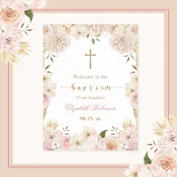 Elegant Pink Boho Floral Baptism Poster