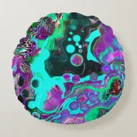 Purple, Teal, Blue, Black Colorful Abstract Fluid  Round Pillow