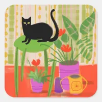 A Black Cat With Houseplants Square Sticker