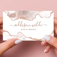 Chic White Marble Agate Rose Gold Glitter  Business Card