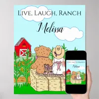 Personalized Cute Cowgirl and Teddy Bear on Ranch Poster