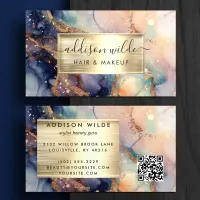 Elegant Navy Peach And Gold Watercolor Marble Business Card