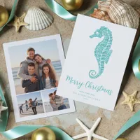 Seahorse Aqua Blue Glitter Beach Christmas 3 Photo Holiday Card