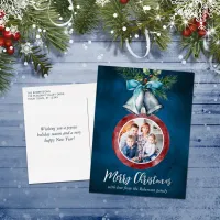 Christmas Photo Silver Bells Navy Blue  Foil Holiday Postcard