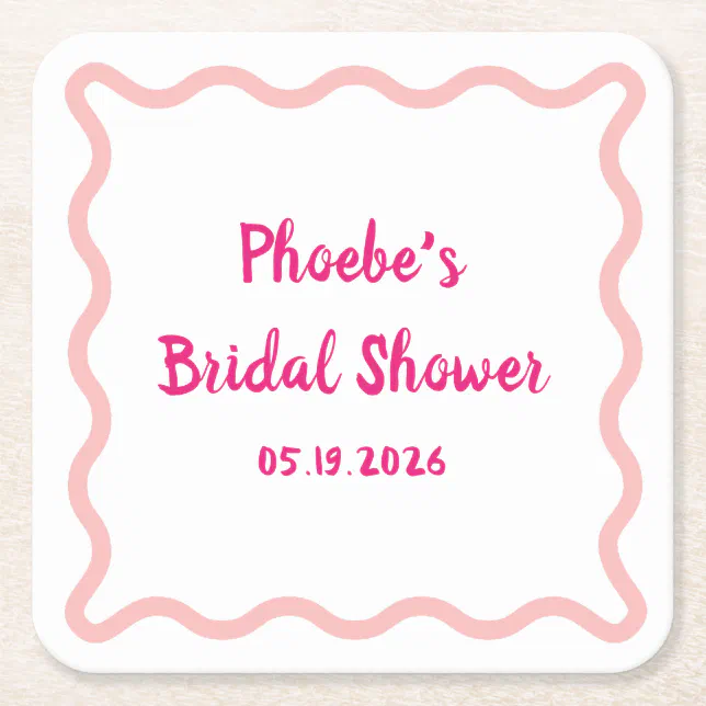 Handwritten Whimsical Wavy Border Bridal Shower Square Paper Coaster