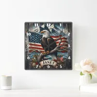 Eagle on Branch With Flag Square Wall Clock