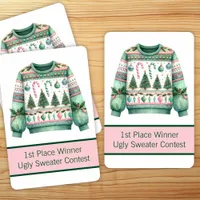 1st Place Winner Ugly Sweater Contest Green Pink Jumbo Poker Cards