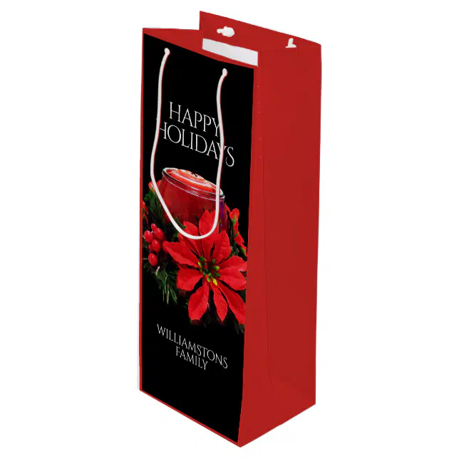 Festive Red Christmas Candle Holly Poinsettias Wine Gift Bag