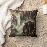 Majestic Elephant by Serene Waterfall at Dusk Throw Pillow