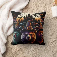 Colorful hat bears by spooky castle throw pillow