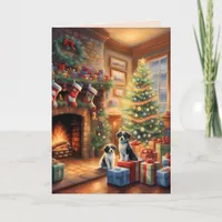 Festive decorated room, fireplace, dogs, vintage  card