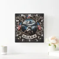 Regal Eagle With Mountains and Flags Square Wall Clock