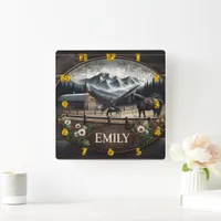 Winter Mountain Landscape With Horses and Barn Square Wall Clock