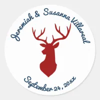Rustic Blue and Red Deer Country Wedding Classic Round Sticker