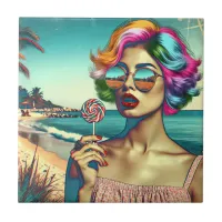 Beautiful Retro Pop Art Woman with Lollipop Ceramic Tile