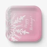 White Snowflake on Pink Happy Holidays Paper Plates