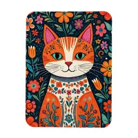 Whimsical Folk Art Cat and Flowers Magnet