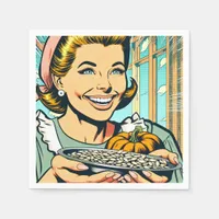 Retro Mom holding Plate of Halloween Pumpkin Seeds Napkins