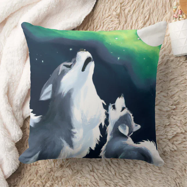 Cute Wolf and Pup Howl at Full Moon Throw Pillow