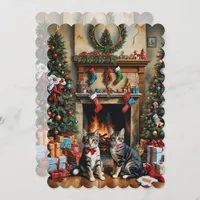 Festive decorated room, fireplace, cats, vintage 