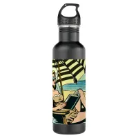 Retro Pop Art Lady on the Beach Stainless Steel Water Bottle
