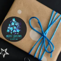 Modern Christmas Tree Blue Stars Lights on Black  Classic Round Sticker