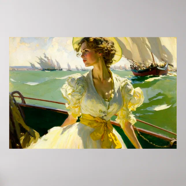 Woman Aboard a Ship Offshore on a Sunny Day Poster