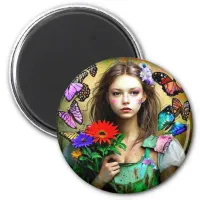 Pretty Girl with Red Flowers and Butterflies Magnet