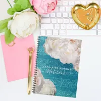 White Peony Flowers On Turquoise Damask Pattern Notebook