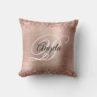 Faux Shiny Rose Gold Glitter Foil Fancy Monogram Throw Pillow