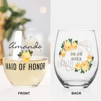 Maid of Honor Gold Glitter Geo Orange Floral Wed Stemless Wine Glass