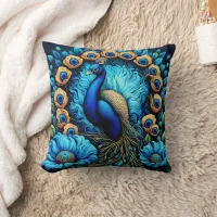 Vibrant Peacock Surrounded By Colorful Flowers Throw Pillow