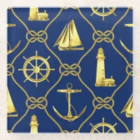 Classic Nautical Gold Blue Sailboat Lighthouse Glass Coaster