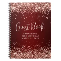 Rose Gold Glitter Dark Red 40th Birthday Guest Notebook